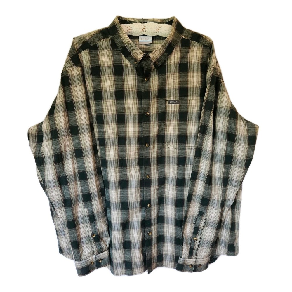 Columbia Men's XXL LS Button Down Shirt Green Tan Plaid Cotton Stretch Casual